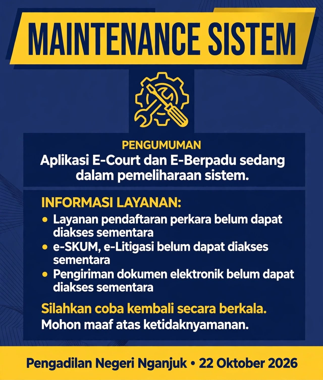 Pengumuman Maintenance pada Aplikasi E court dan E Berpadu
